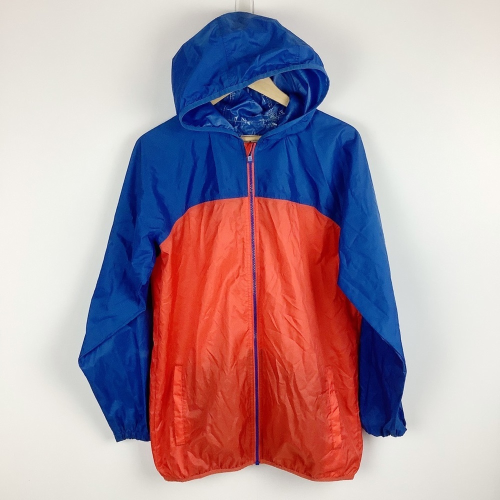 𝅺Lands’ End Color Block Orange Blue Packable Hooded Nylon Wind Rain Jacket